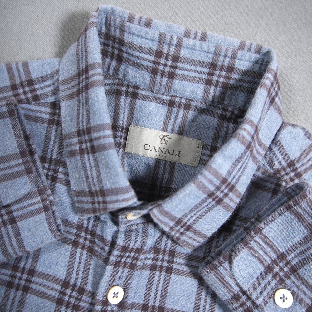 Canali Plaid Flannel Long Sleeve Men Shirt 40 M Preppy Designer Luxury Office